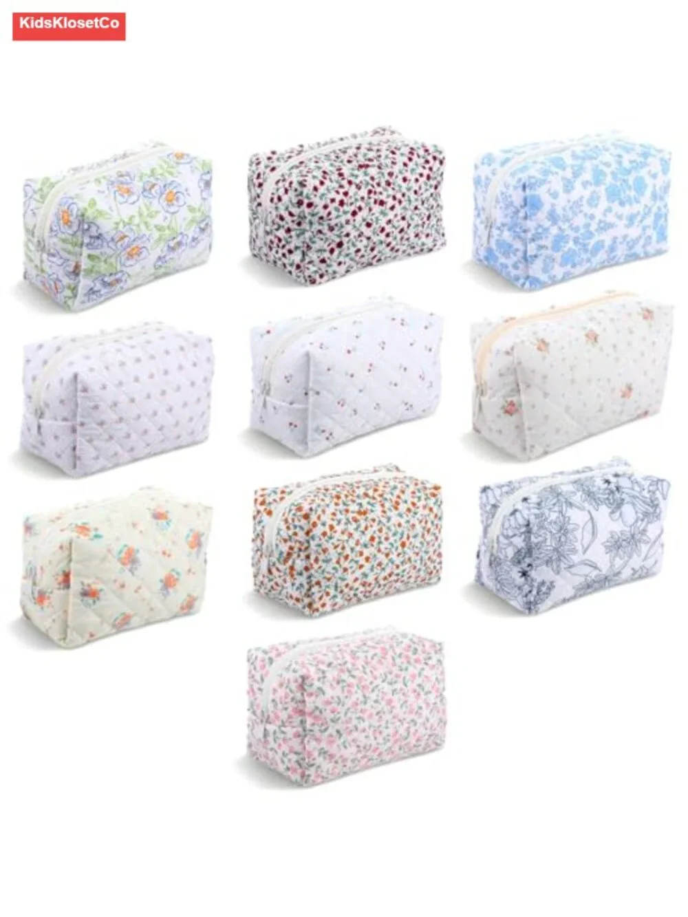 Set of 10 Floral Quilted Cosmetic Bags with Zipper, Cotton Makeup Bags for